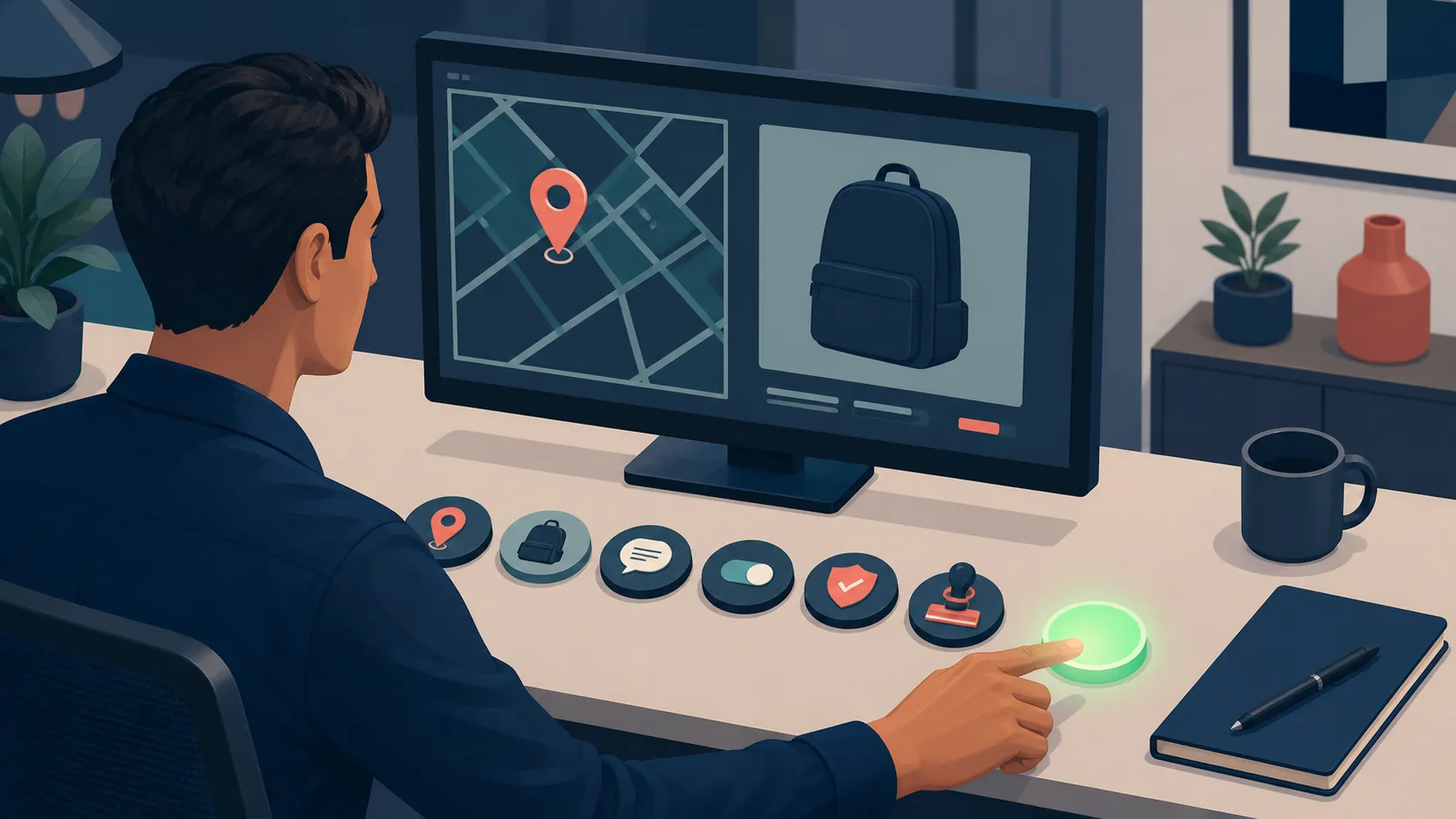 Operator reviewing an AI-generated asset with verification tokens for geography, product shape, text, settings, compliance, and approval