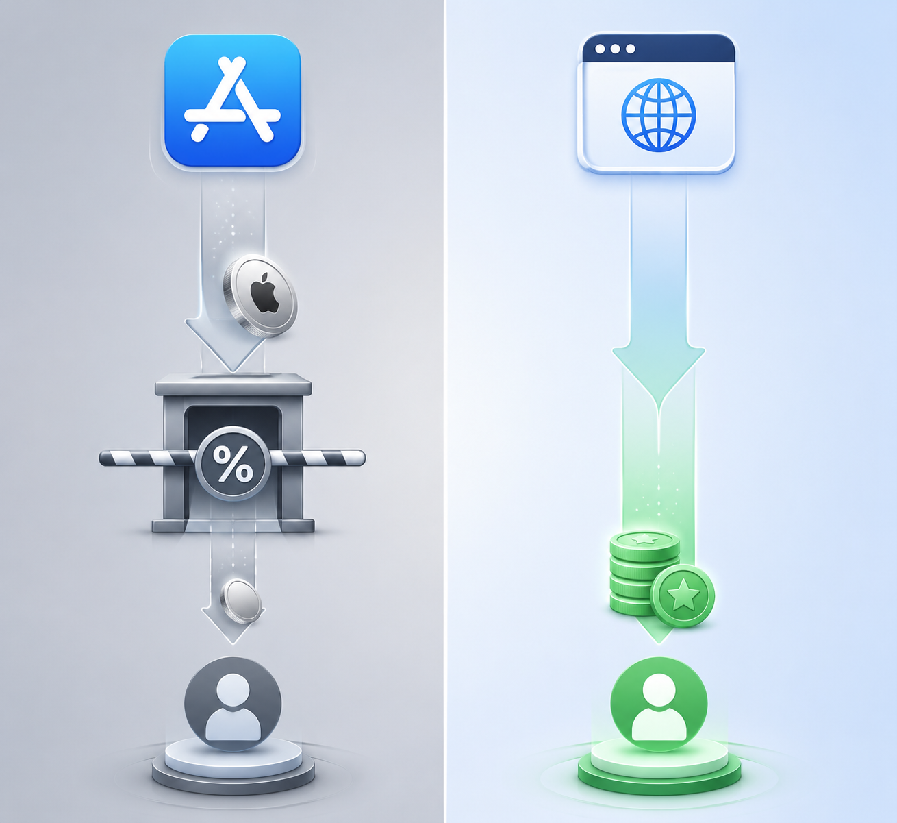 Split-screen comparison of an App Store subscription path with a platform toll and a web subscription path with direct checkout