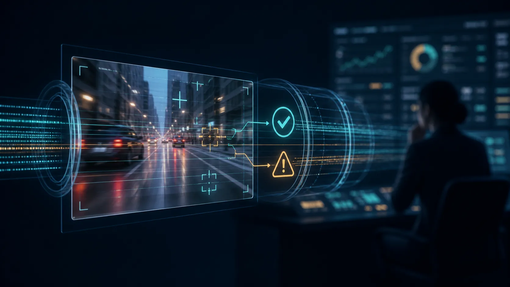 A generic video frame moving through a high-tech inspection pipeline while an analyst reviews detection controls