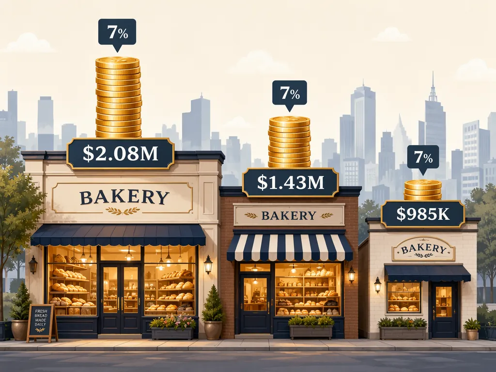Three bakery storefronts showing the same 7 percent fee across 2.08M, 1.43M, and 985K revenue levels