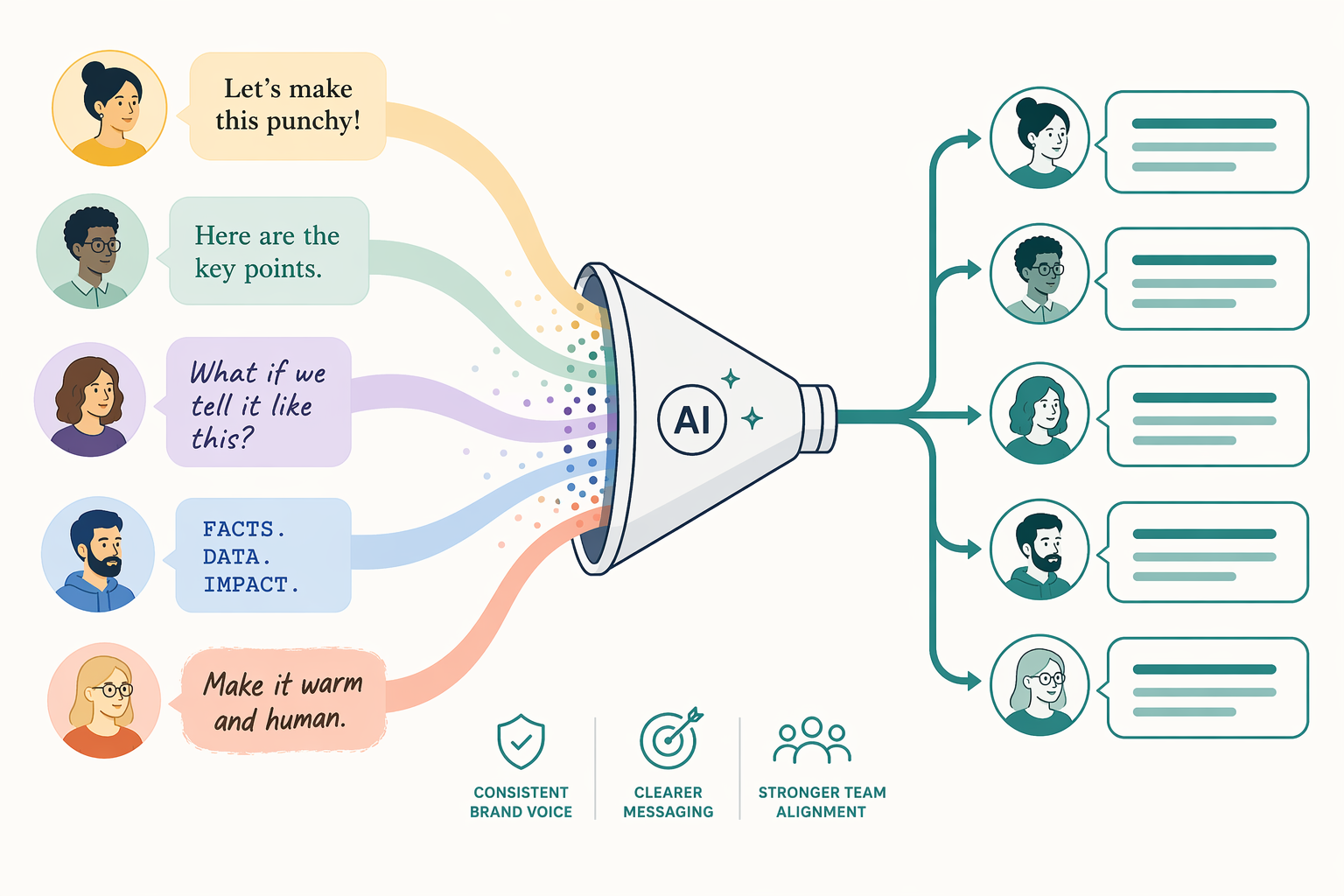 Different writer voices passing through a central filter and emerging as consistent brand-colored speech bubbles
