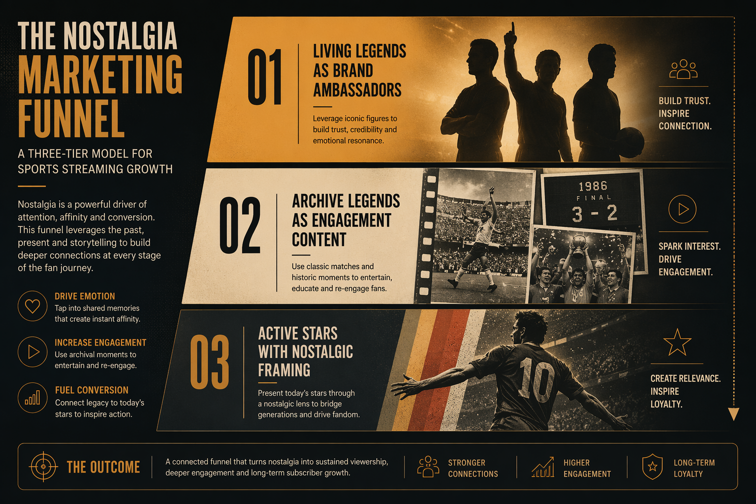 Three-tier nostalgia marketing funnel with ambassadors, archive content, and modern players in retro presentation