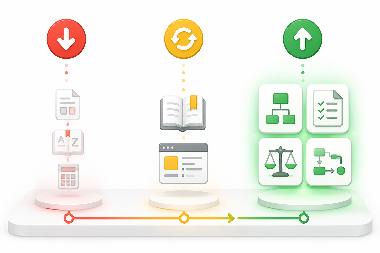 Three-column reallocation framework showing scaled-down definitions, maintained reference guides, and expanded process and comparison content