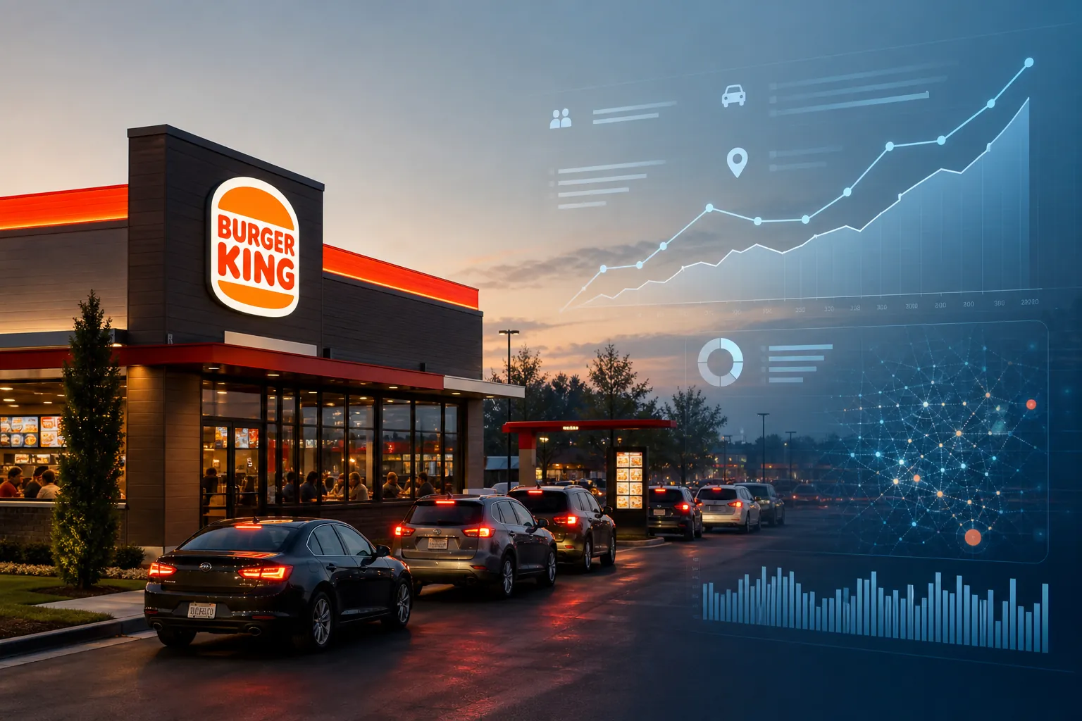Burger King restaurant exterior with drive-thru traffic and data visualization graphics
