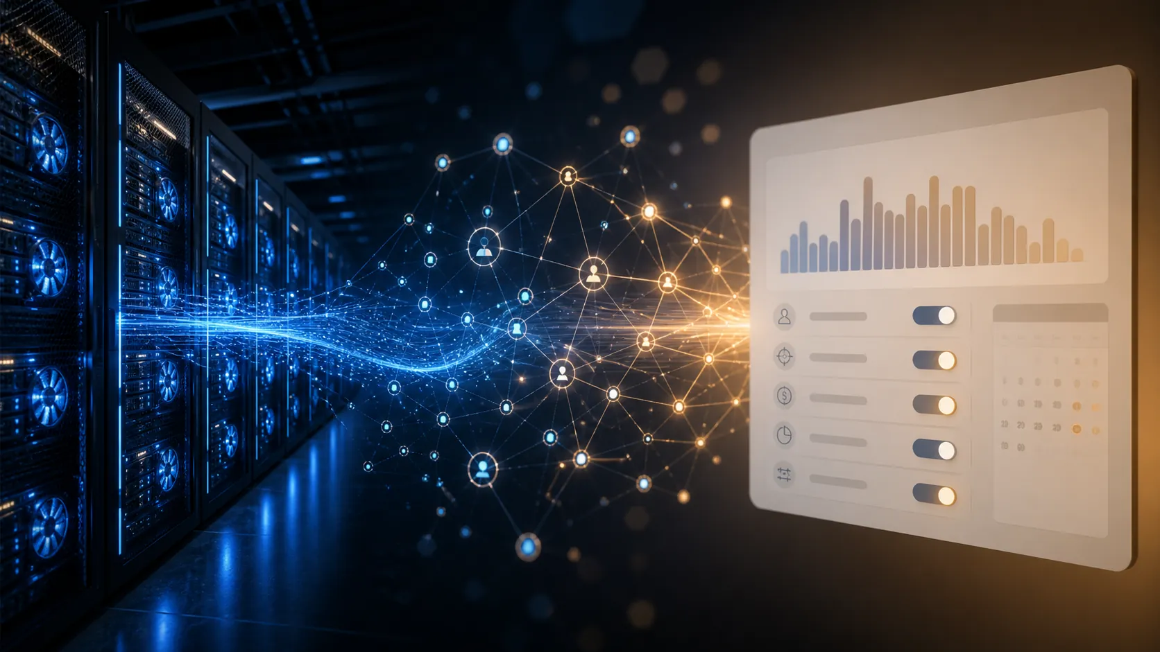 Blue-lit data center racks connected by data streams to an ad account dashboard with toggles