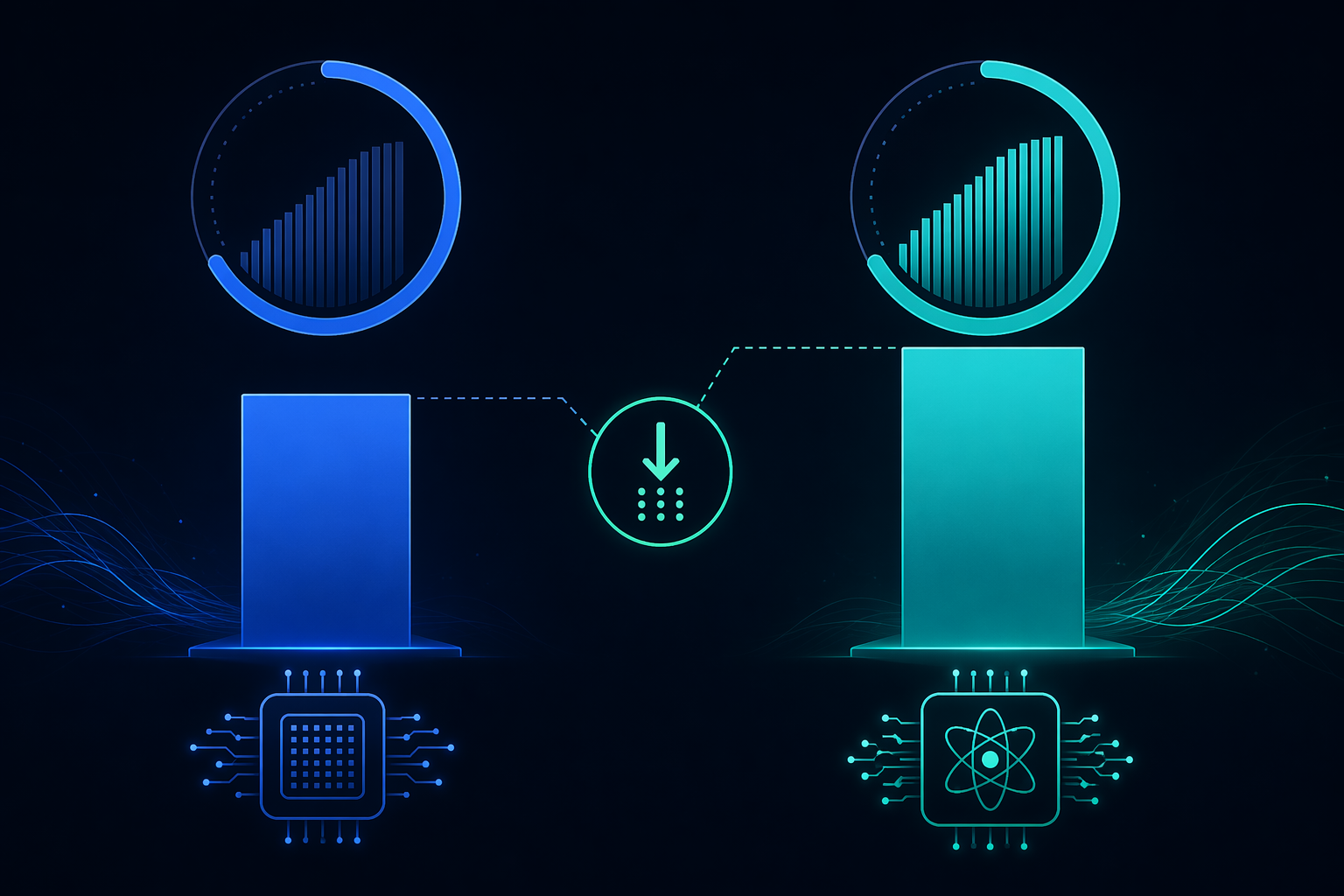 Side-by-side comparison of classical and quantum processor performance gauges