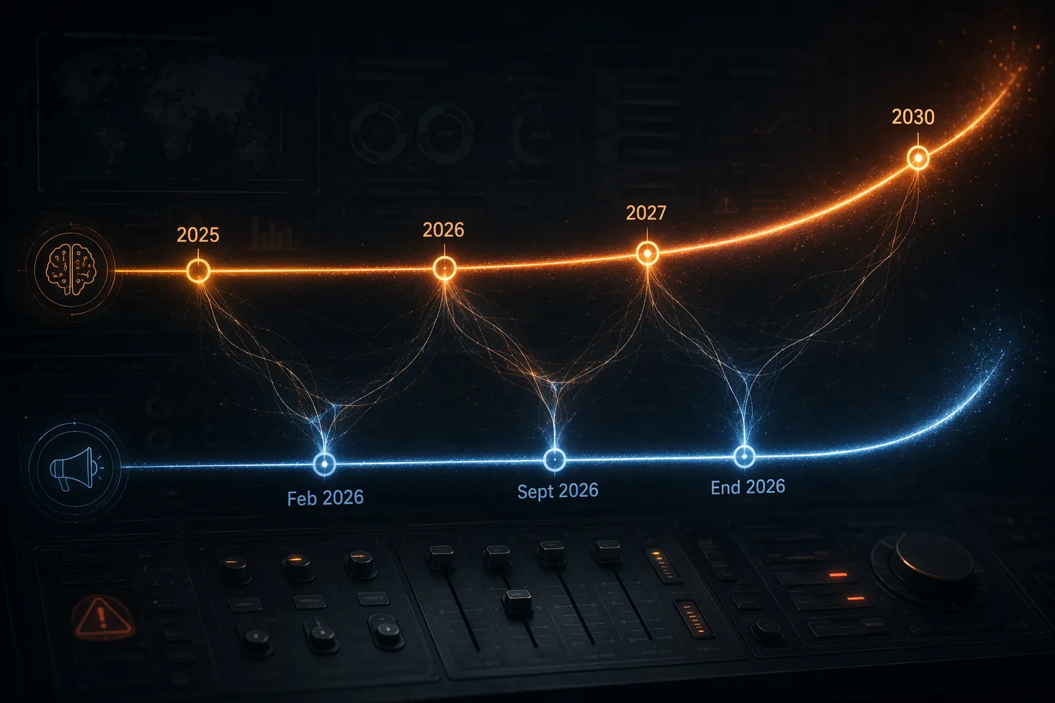 Parallel AGI and ad-platform automation timelines connected by glowing threads over a control-panel interface