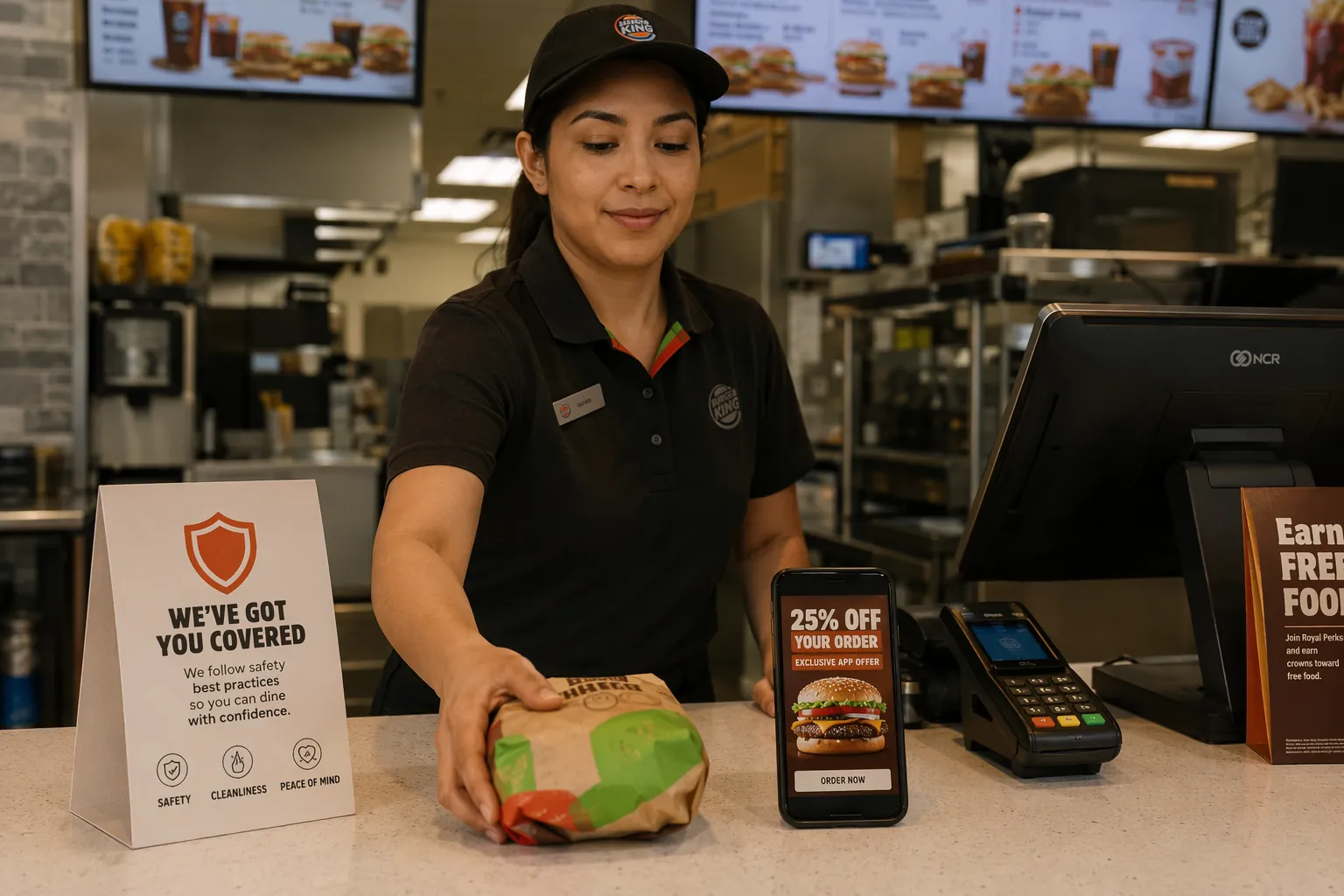 QSR counter with wrapped food, smartphone discount offer, and safety reassurance sign