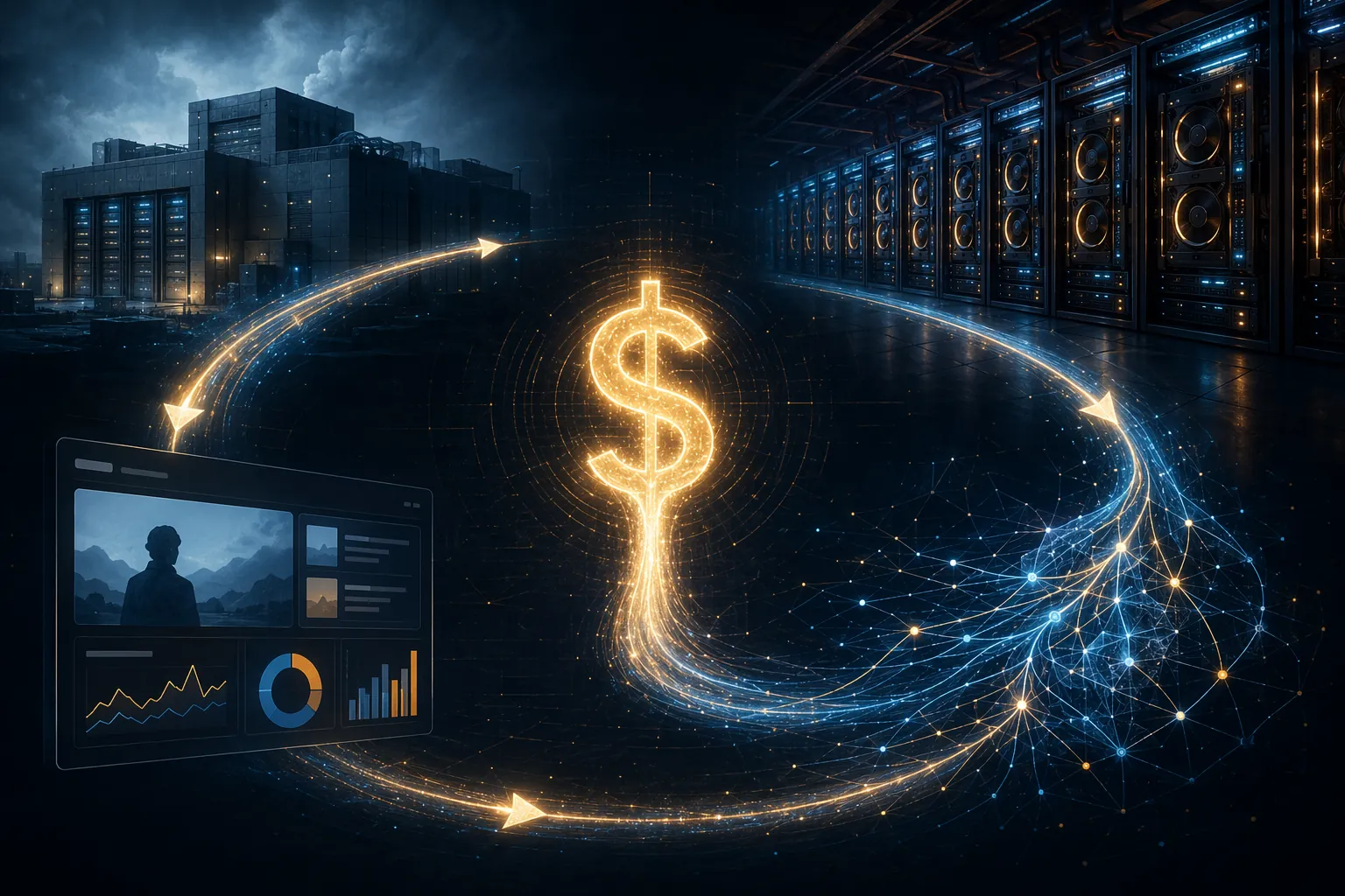 Glowing ad dollar flowing through data center infrastructure and GPU racks before returning to an ad-serving interface
