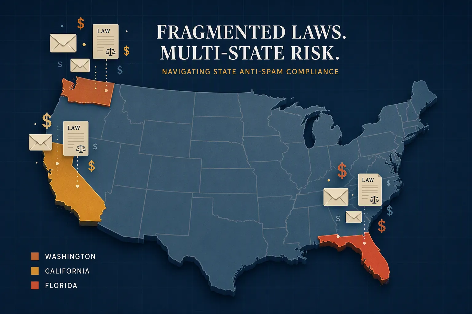 Map of the United States highlighting Washington, California, and Florida with email, legal document, and dollar icons