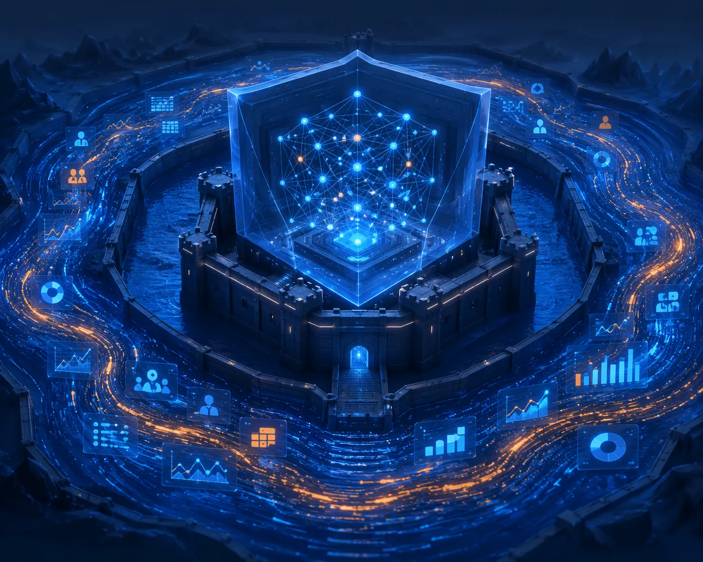 Conceptual illustration of a data moat surrounding a fortified AI model with campaign performance streams