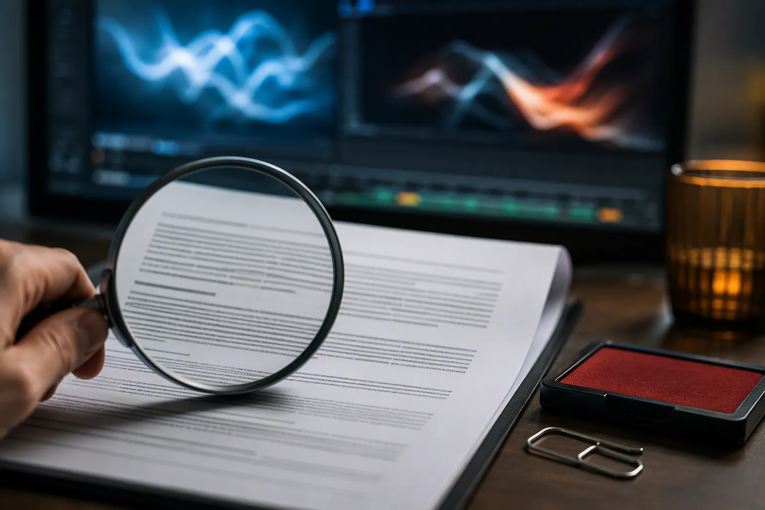 Service agreement fine print reviewed with a magnifying glass beside AI imagery on a monitor