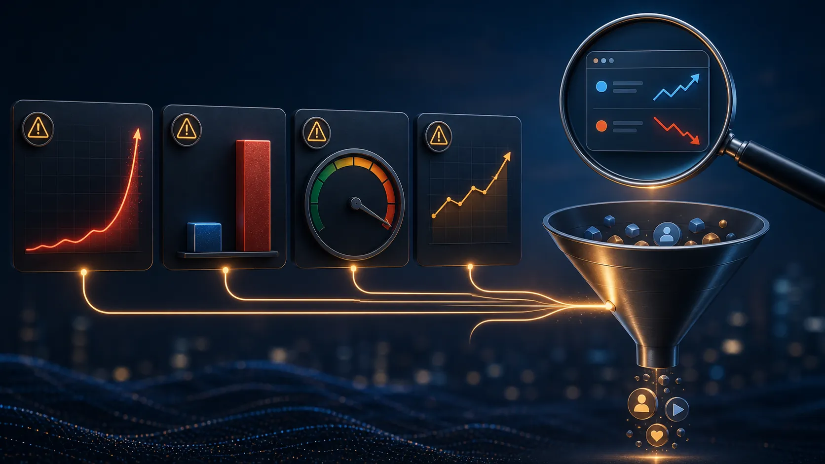Four abstract warning signals converging into an ad-tech funnel with a magnifying glass over a dashboard