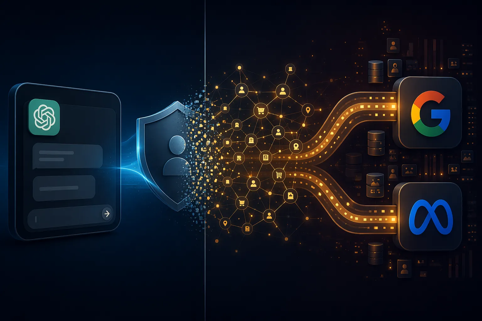 Stylized ChatGPT privacy shield dissolving into connected advertising data streams