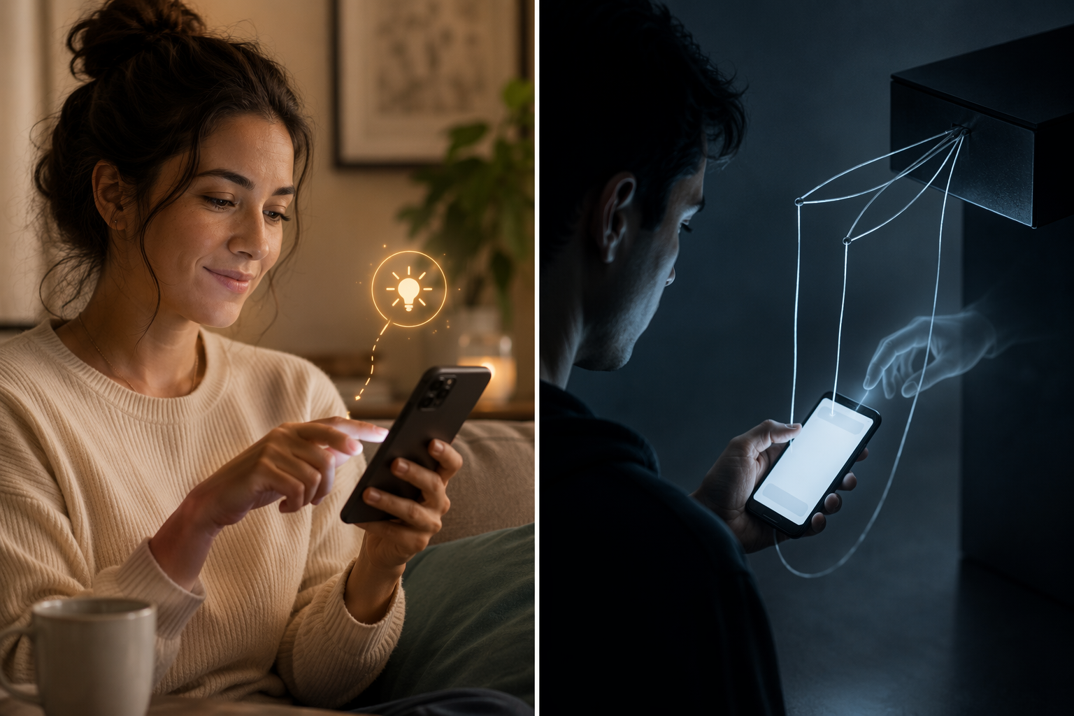 Split-screen visual contrasting transparent AI coaching with hidden AI message substitution