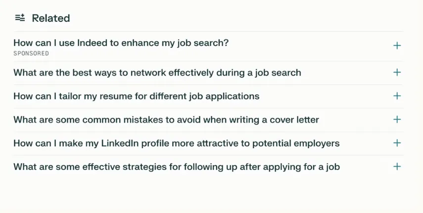 Perplexity AI answer interface showing a sponsored follow-up question inside the generated answer flow