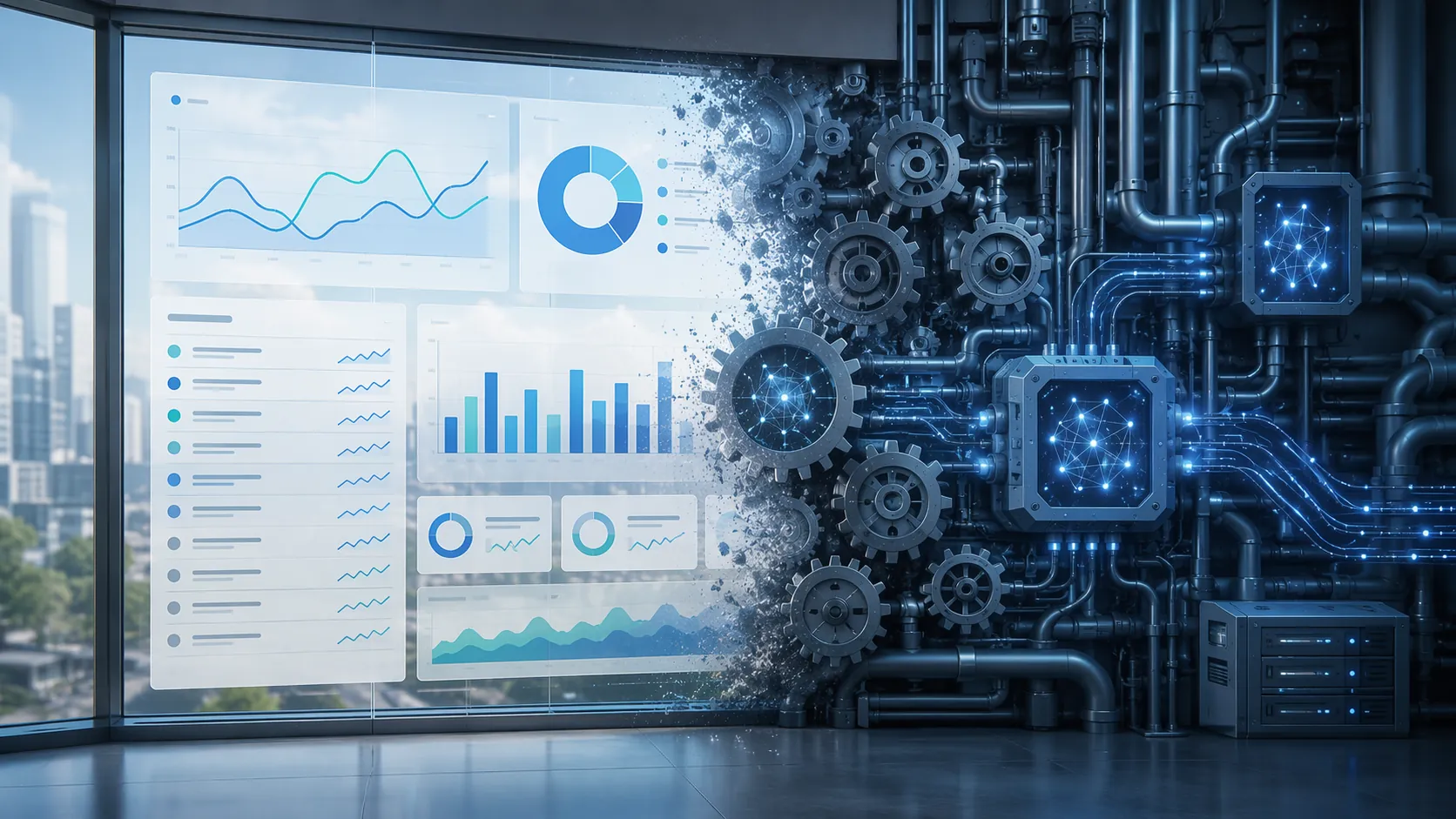 Split dashboard showing visible advertising data on one side and AI automation infrastructure on the other