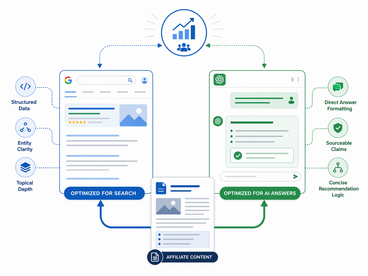 A framework diagram showing one content document optimized for both search results and chatbot answers