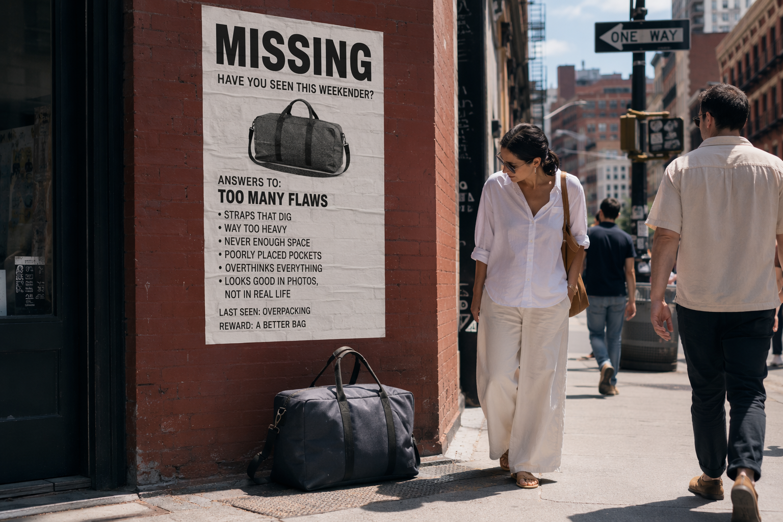 A Missing poster in New York City advertising travel bag flaws above a weekender bag on the sidewalk