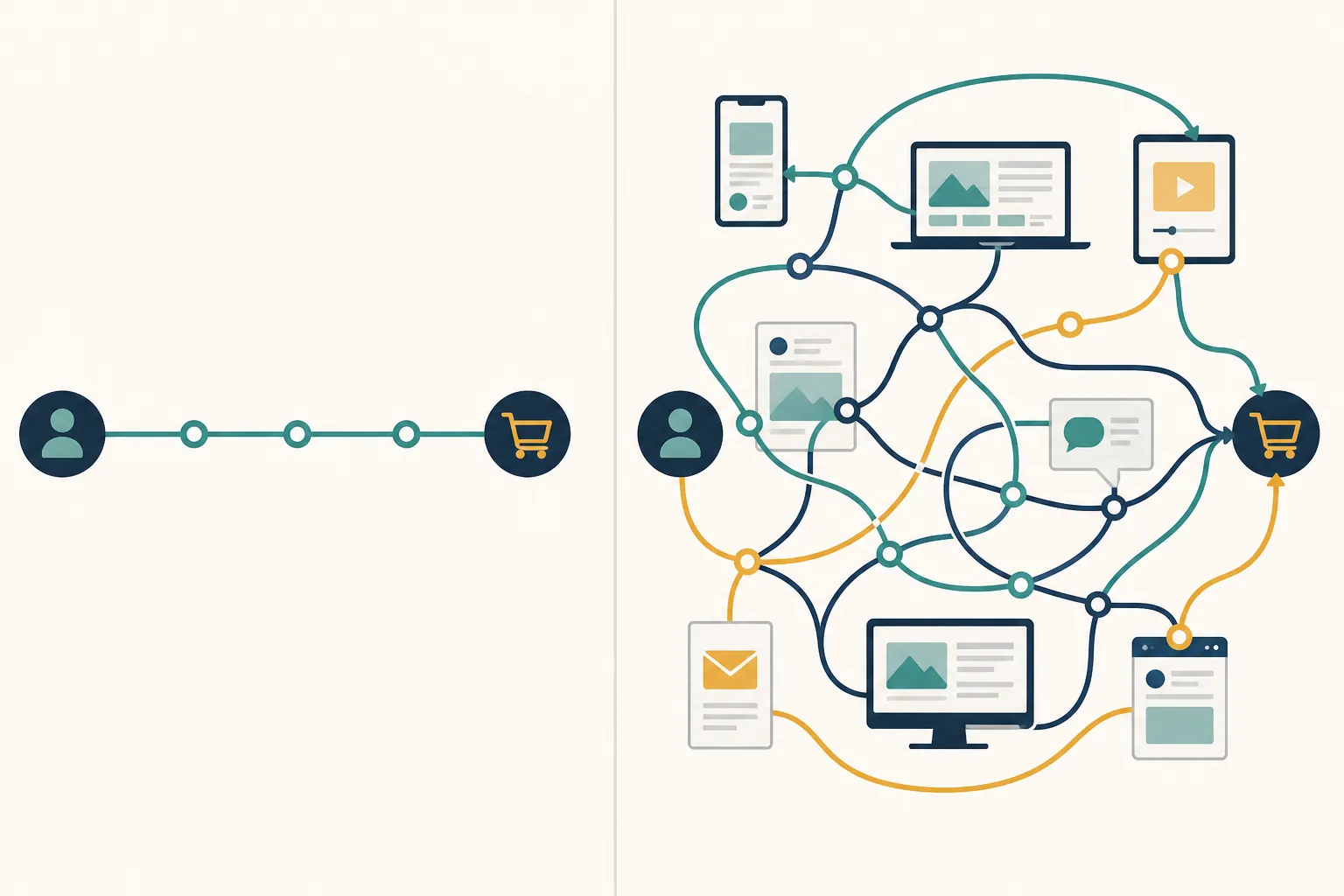 Comparison of a tidy conversion log and a tangled cross-platform purchase journey