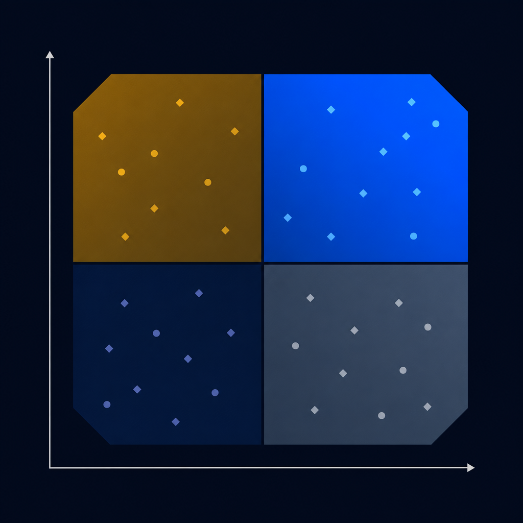 Abstract 2x2 matrix with four quadrants: top-right highlighted in electric blue representing high-impact high-readiness use cases, top-left in amber representing high-impact low-readiness, bottom-right in slate for low-impact high-readiness, and bottom-left in dark navy for low-impact low-readiness.