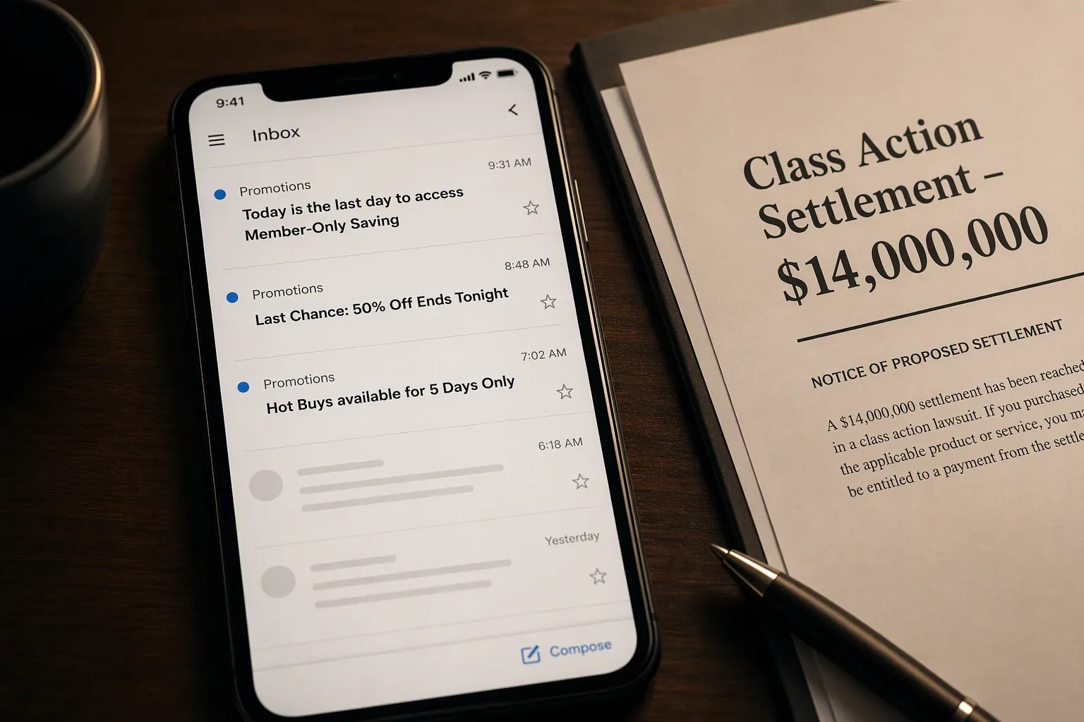 Smartphone showing promotional urgency subject lines next to a legal settlement document