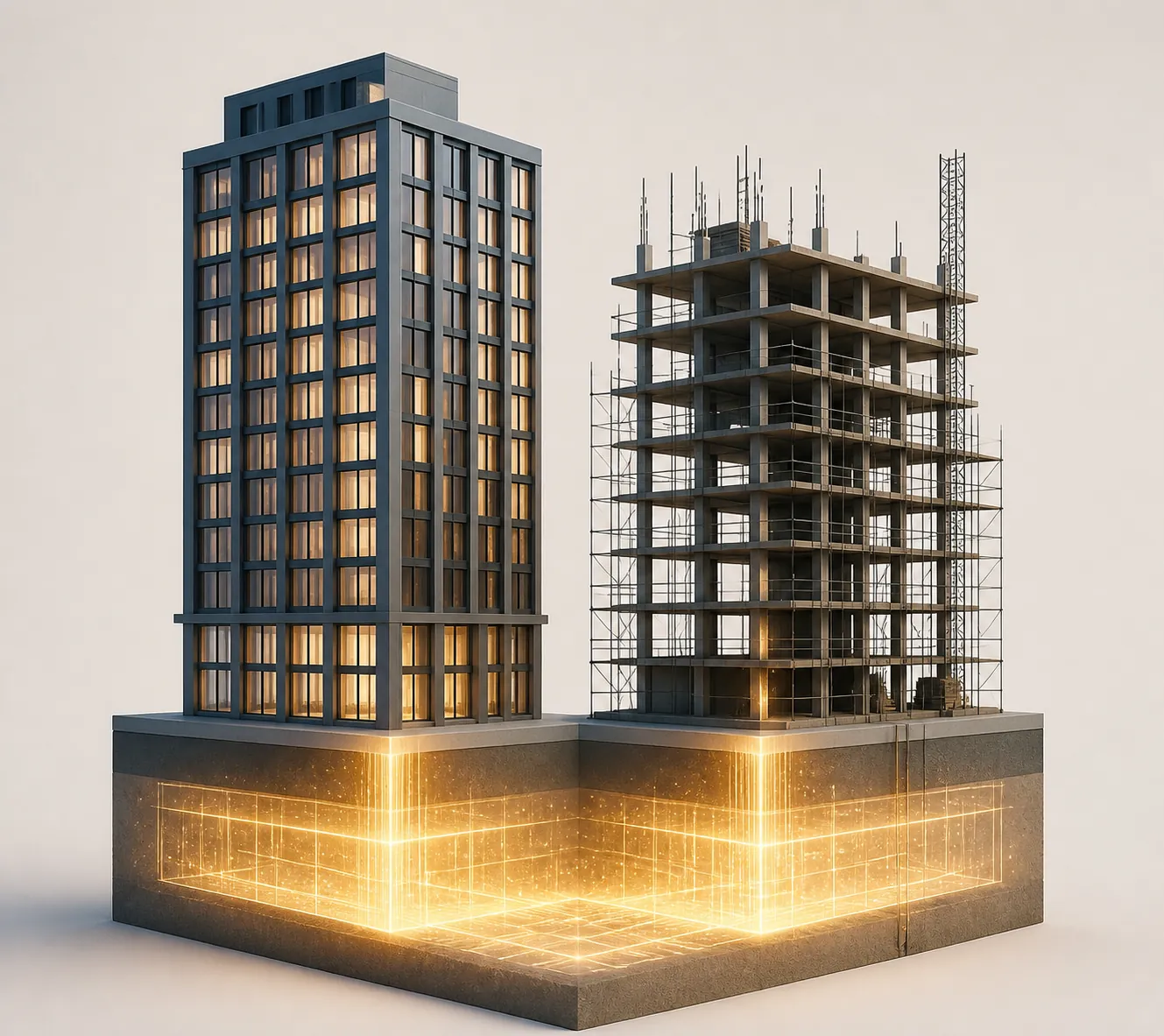 Two structures rising from one shared foundation, with one complete and one under construction