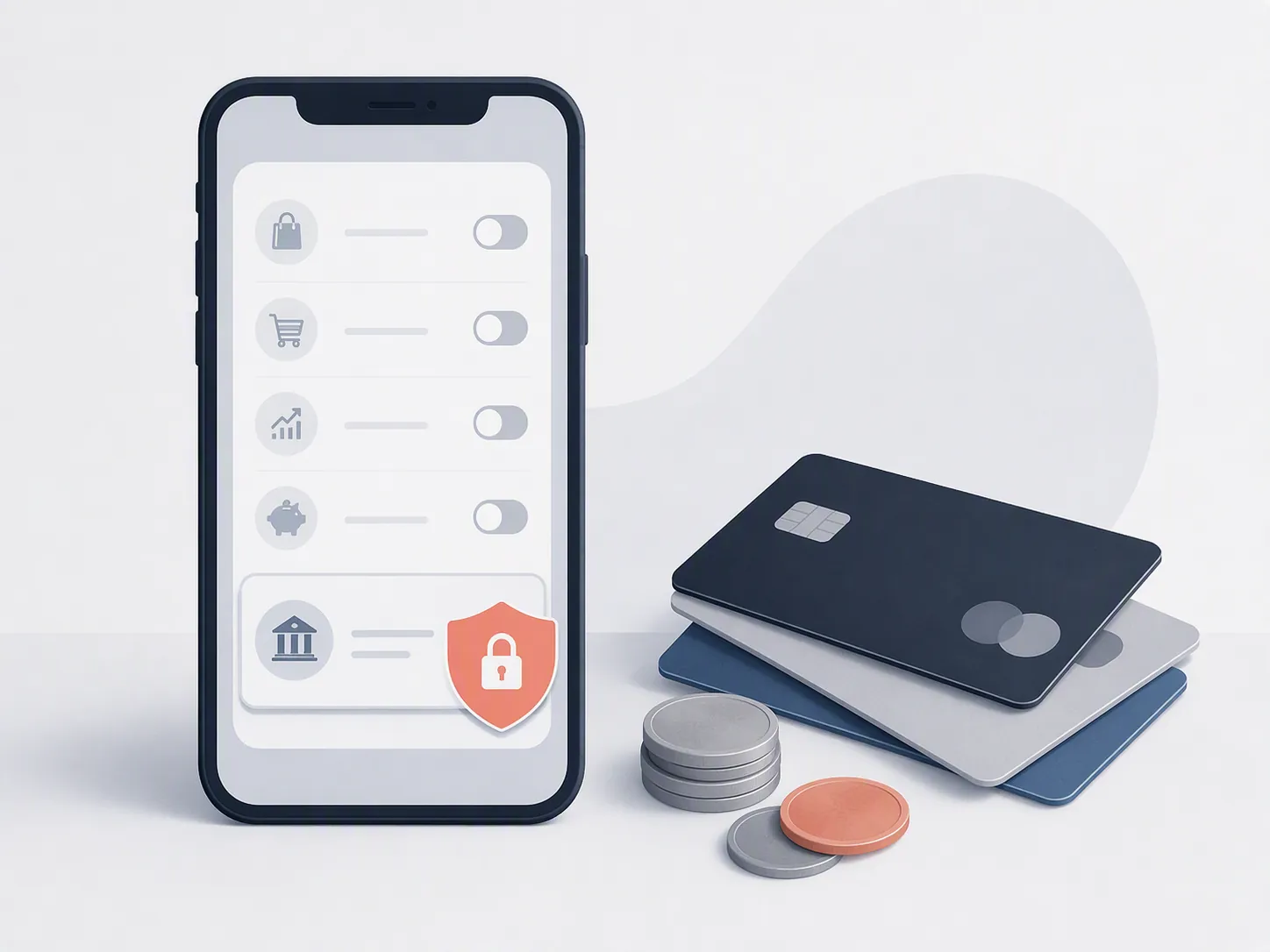 A smartphone targeting settings panel with disabled toggles beside credit cards and coins