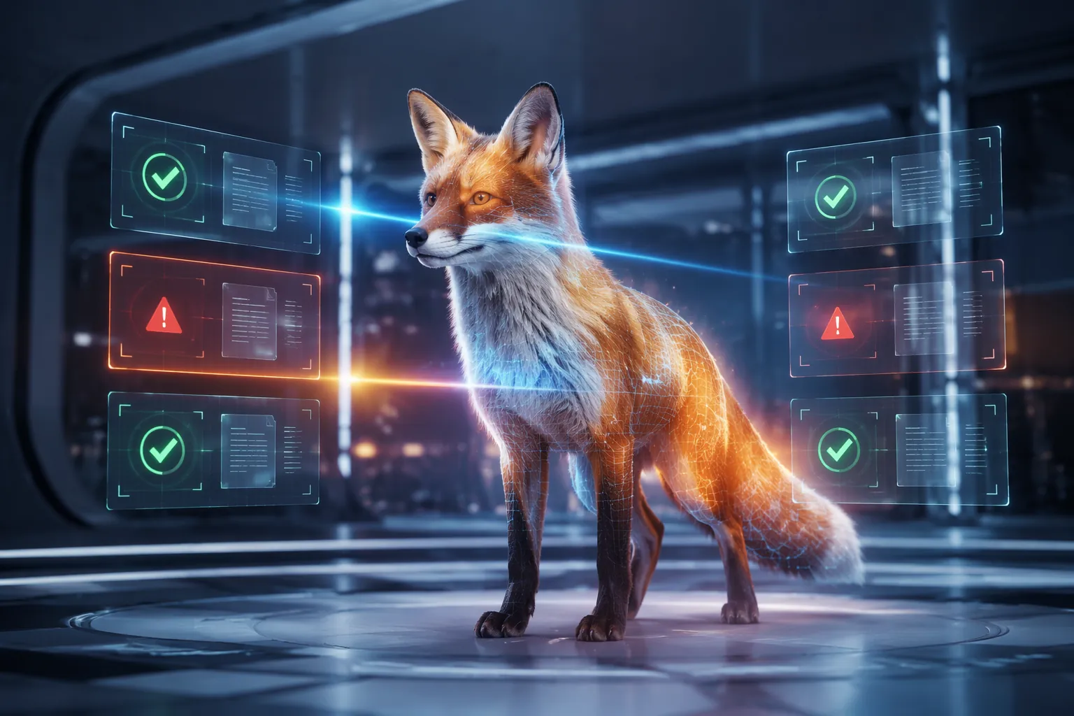 AI-generated fox being scanned in an advertising compliance control room