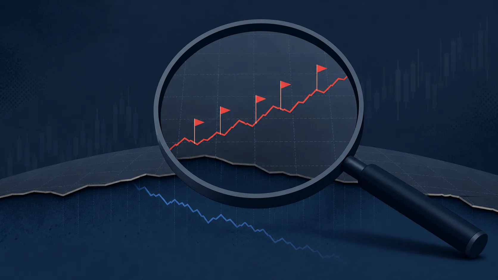 Magnifying glass over diverging chart lines, suggesting a market headline revealing weaker pricing power beneath the surface