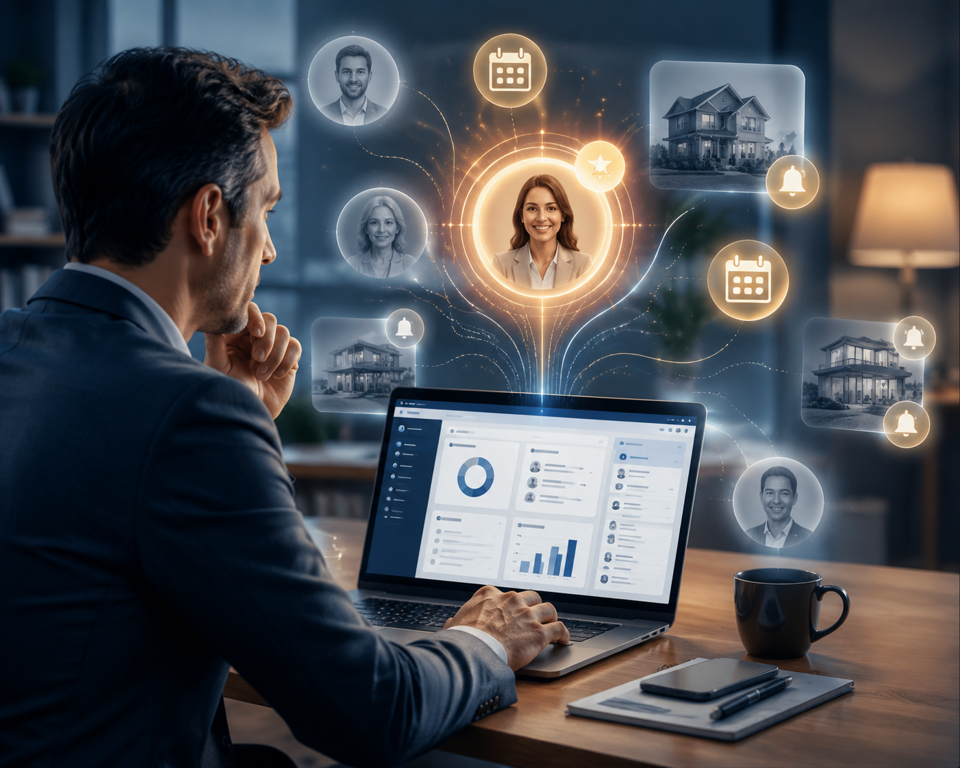 Real estate agent viewing a CRM dashboard with AI-surfaced opportunity signals around warm leads and past clients