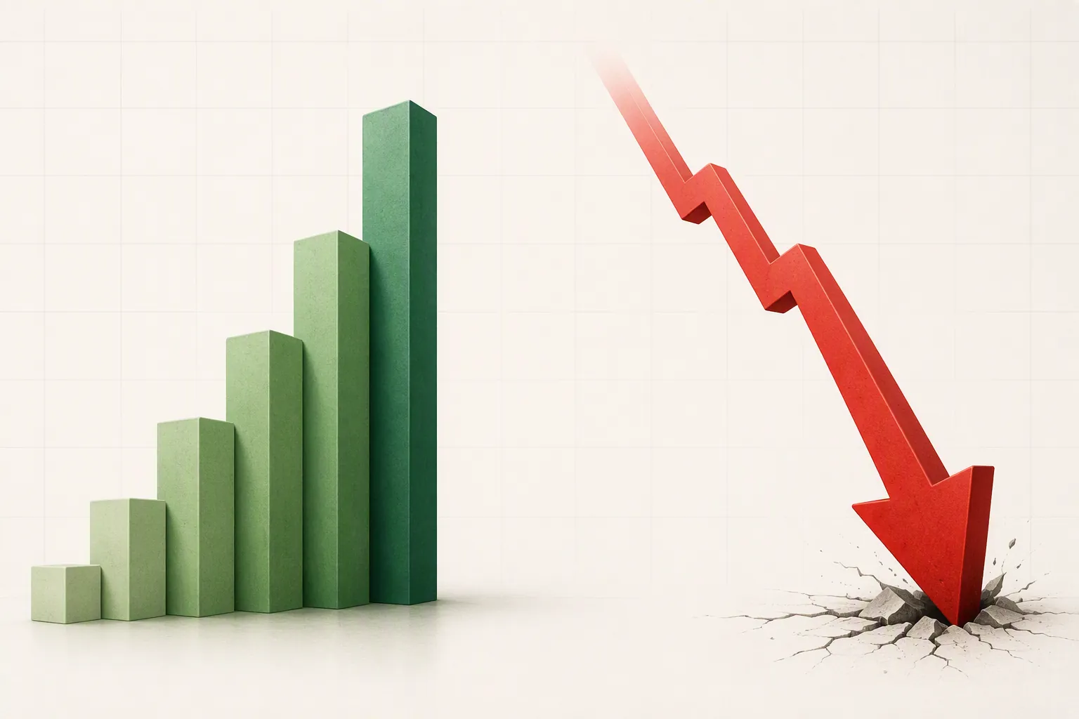 Green earnings bar facing a red downward arrow, illustrating an earnings beat followed by a stock sell-off