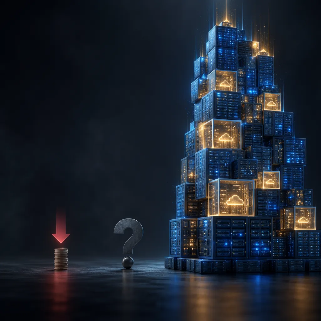 Small declining ad-revenue symbol beside a towering stack of glowing server cubes