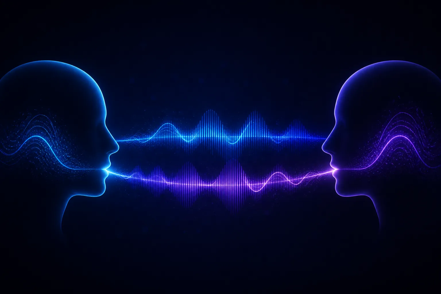 Two human head silhouettes connected by glowing bidirectional audio waveforms