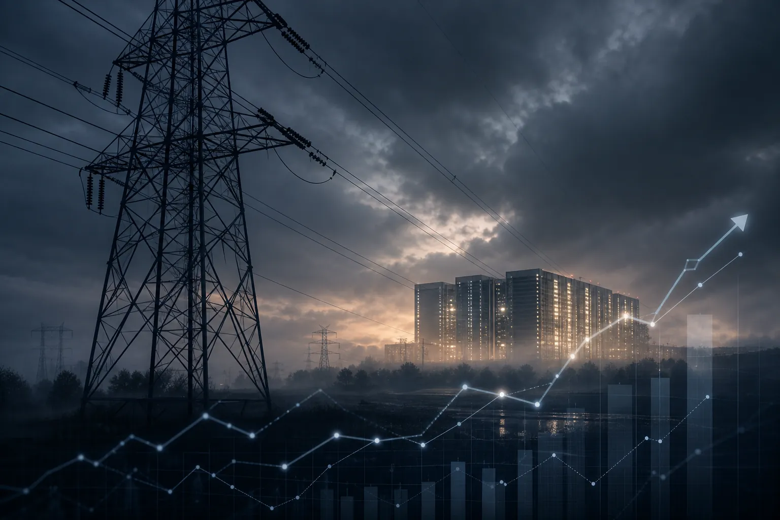 Electrical transmission lines near a glowing data center with rising ad-cost graph overlays
