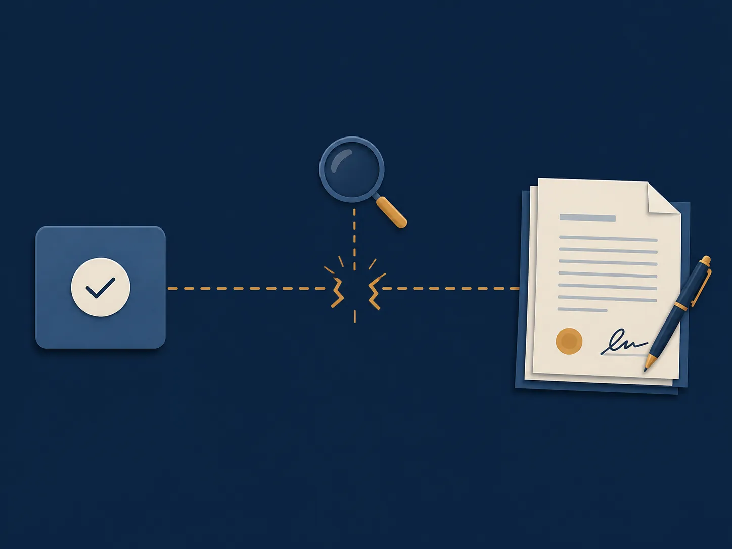 Dashed tracking line breaking between an ad conversion panel and signed legal documents