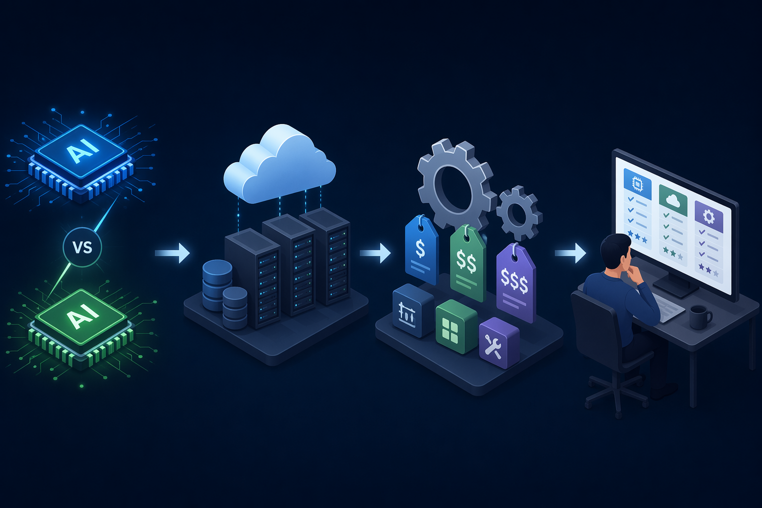 Flow diagram showing AI chip competition moving through cloud infrastructure, pricing, operations, and tool evaluation
