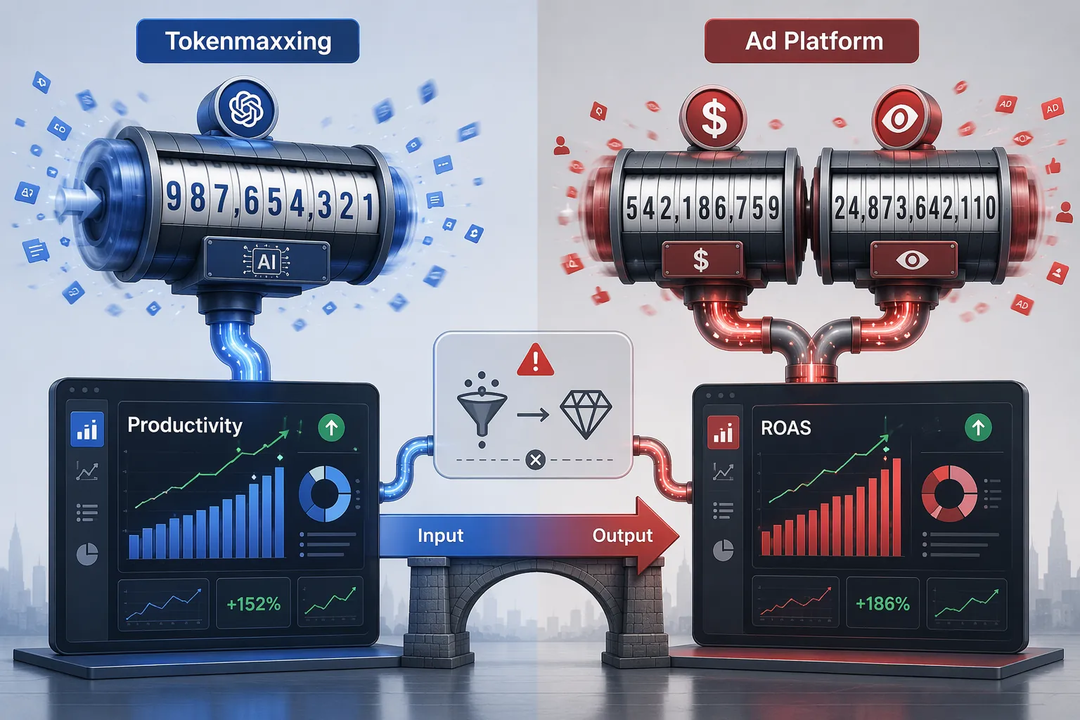 Illustration comparing token counters feeding productivity dashboards with ad spend counters feeding ROAS dashboards