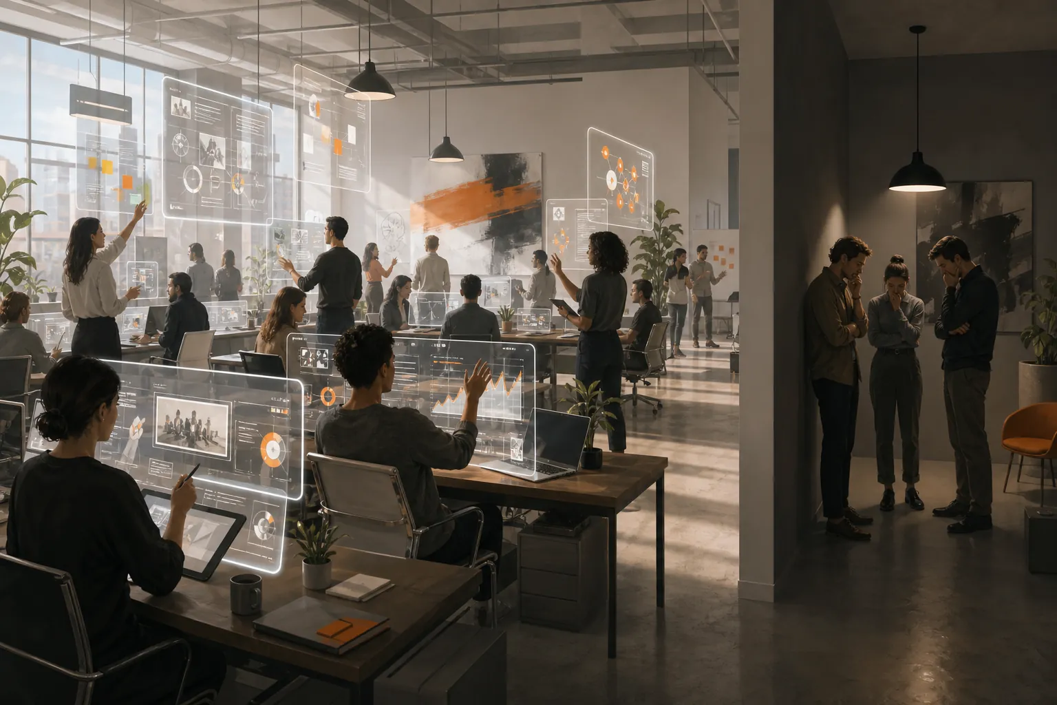 Advertising employees working alongside AI interfaces while a smaller anxious group stands apart