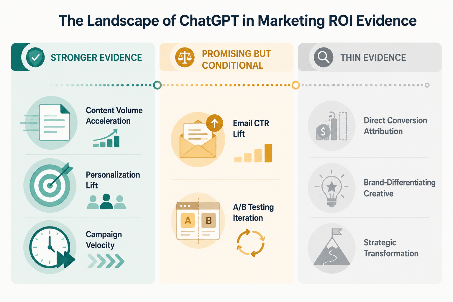 Three-zone framework comparing stronger and weaker evidence for ChatGPT marketing ROI