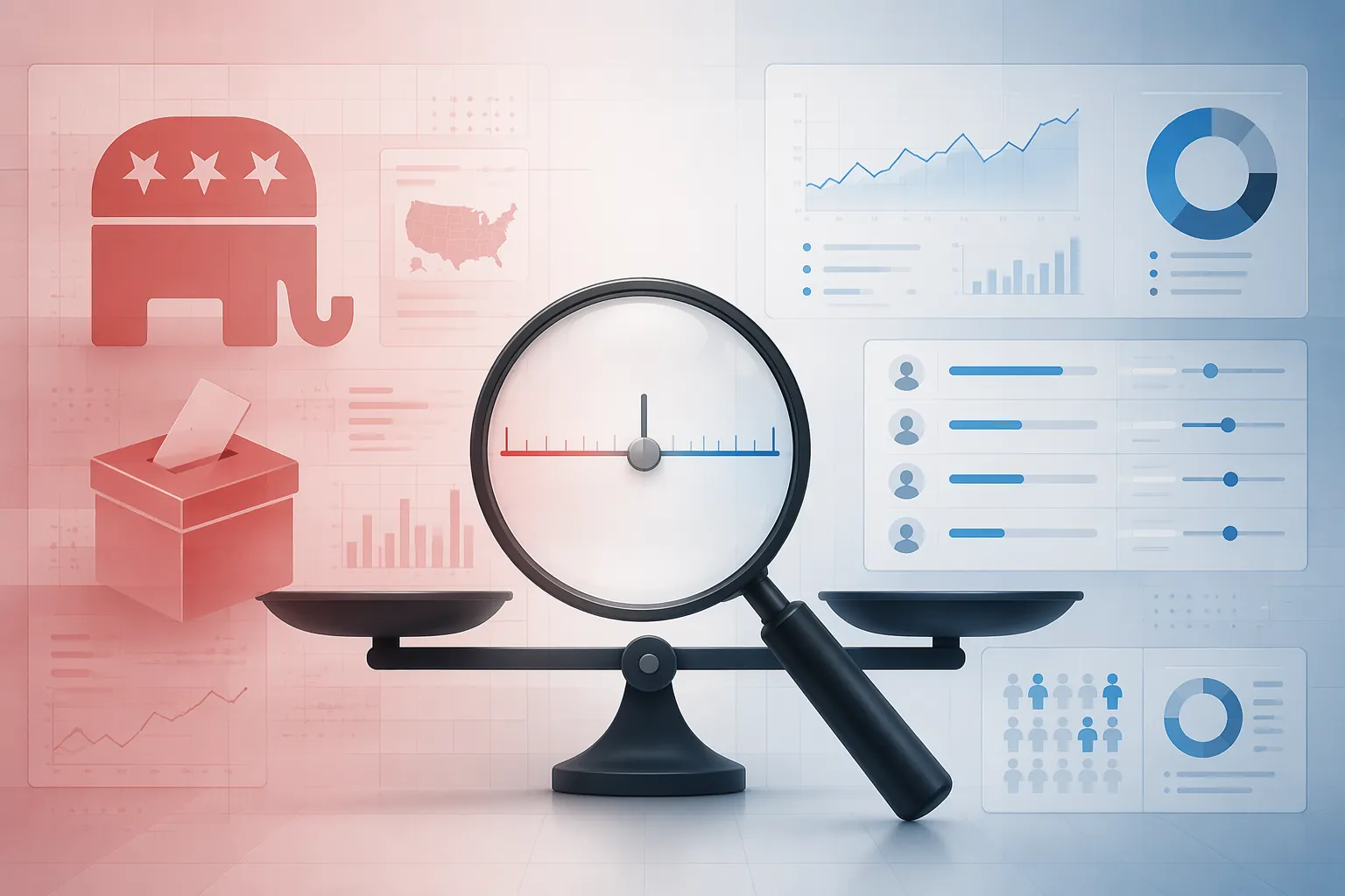 Abstract dashboard balancing political donation symbols with advertising metrics and audience segments
