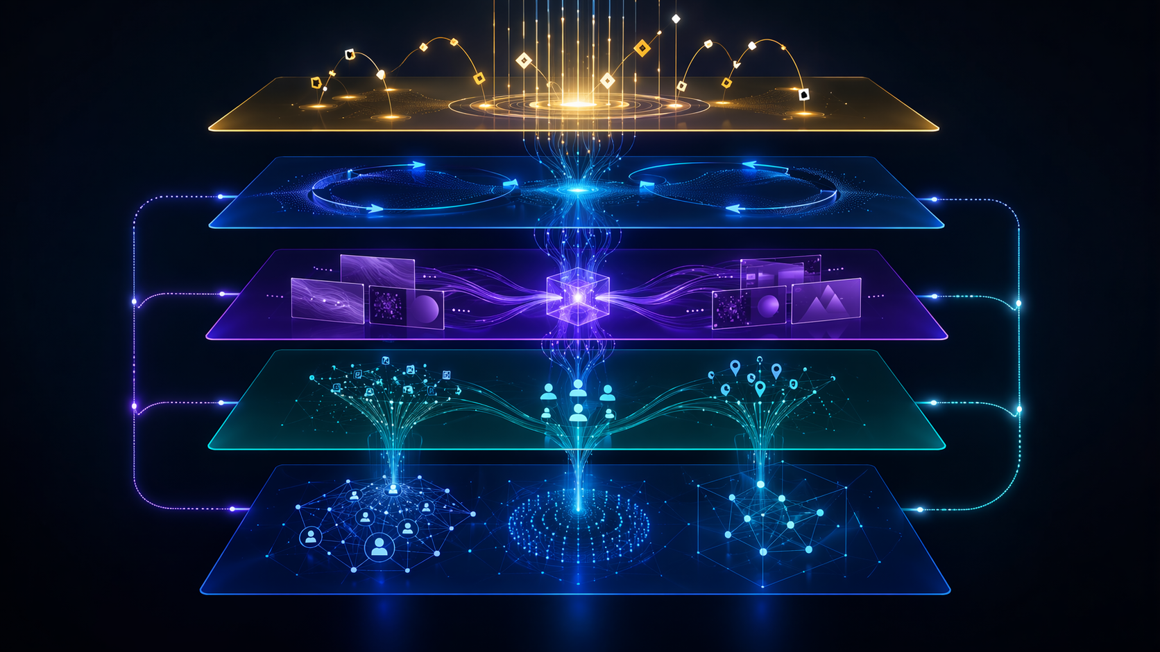 Layered AI-powered CTV advertising architecture with data, targeting, creative, measurement, and buying tiers