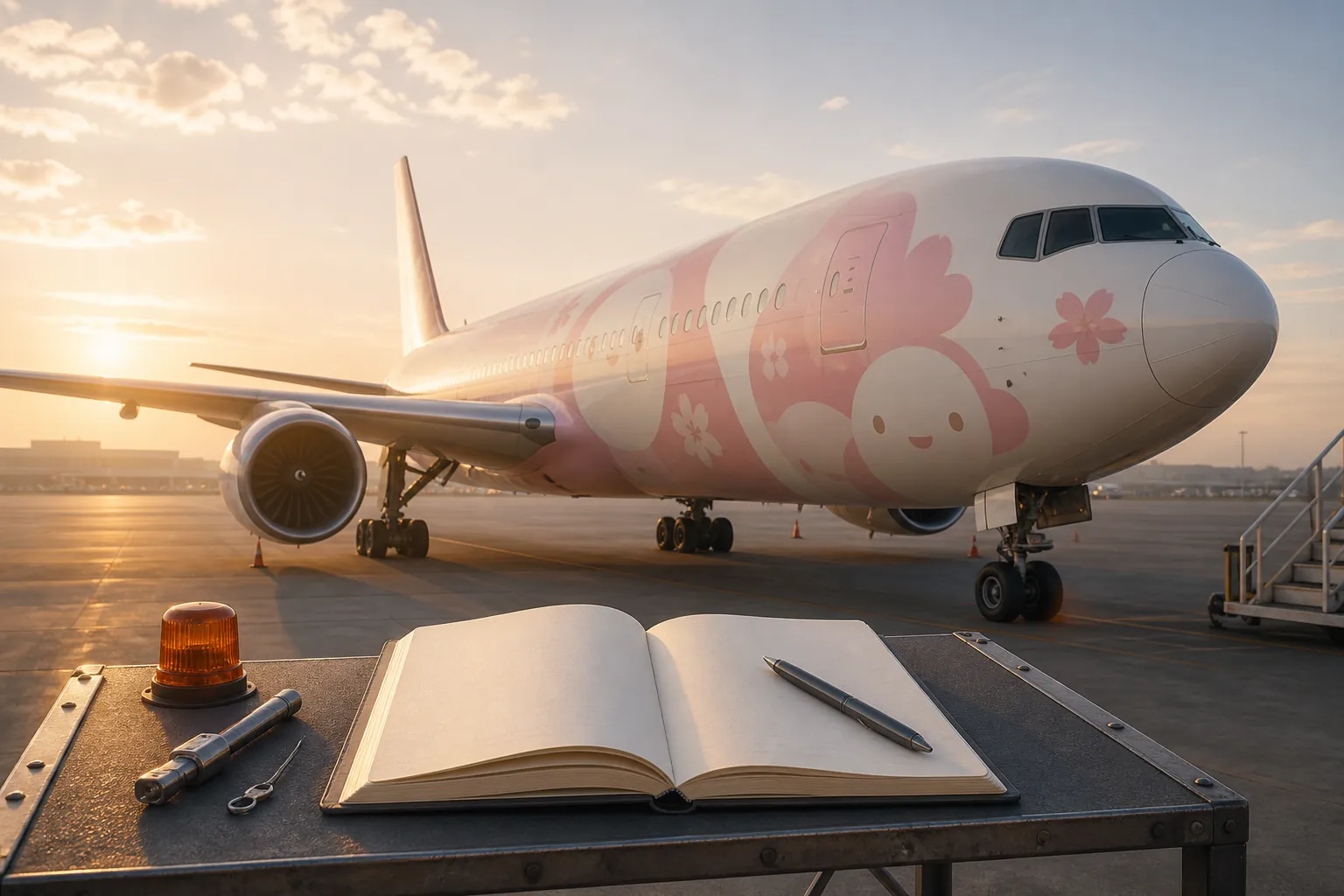 Pastel-painted twin-engine passenger jet on a tarmac with an open notebook in the foreground, suggesting a high-visibility aircraft announcement with results still unpublished
