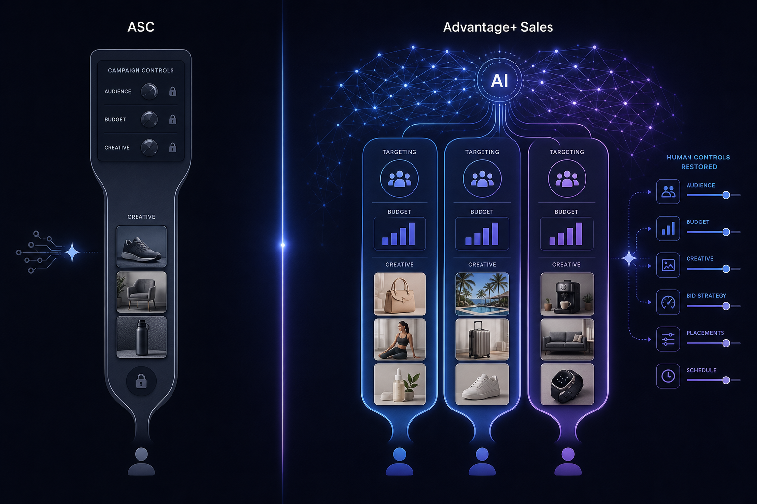 Split editorial illustration comparing ASC single-lane constrained architecture on the left with Advantage+ Sales multi-lane AI-powered structure on the right