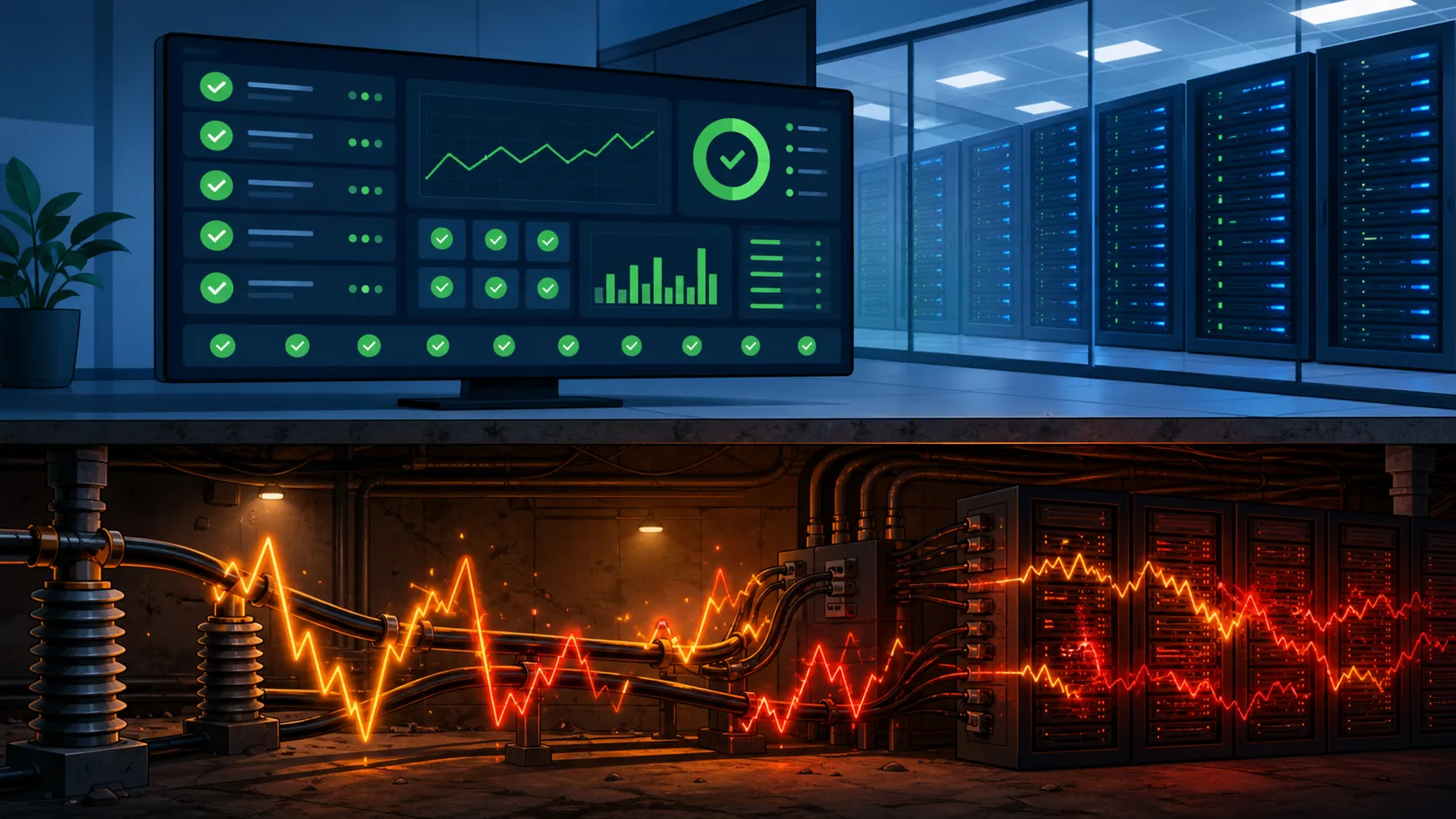 Campaign dashboard showing healthy status while hidden data center cables show power spikes and dips