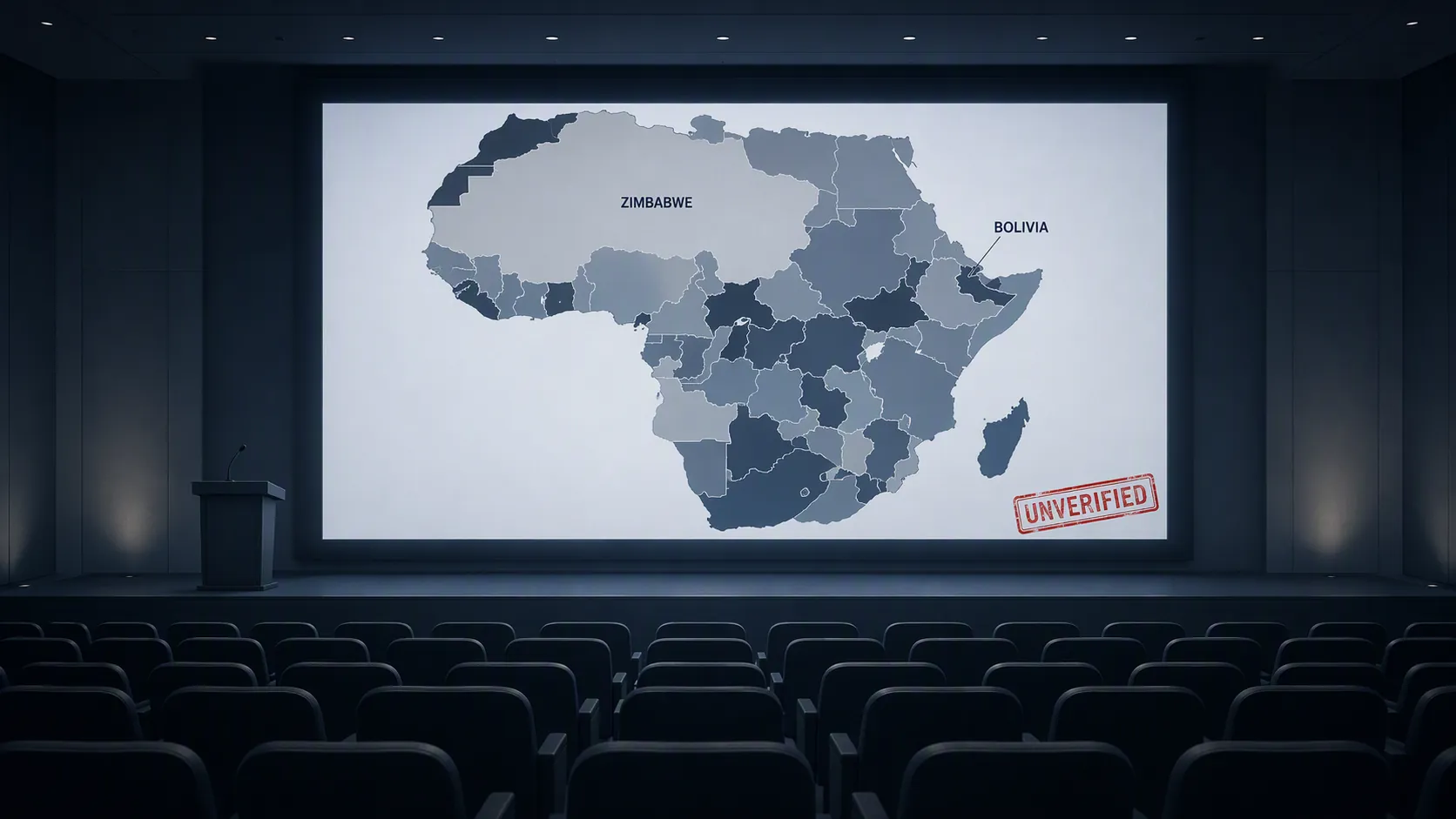 Editorial illustration of a conference screen showing a visibly incorrect Africa map marked unverified