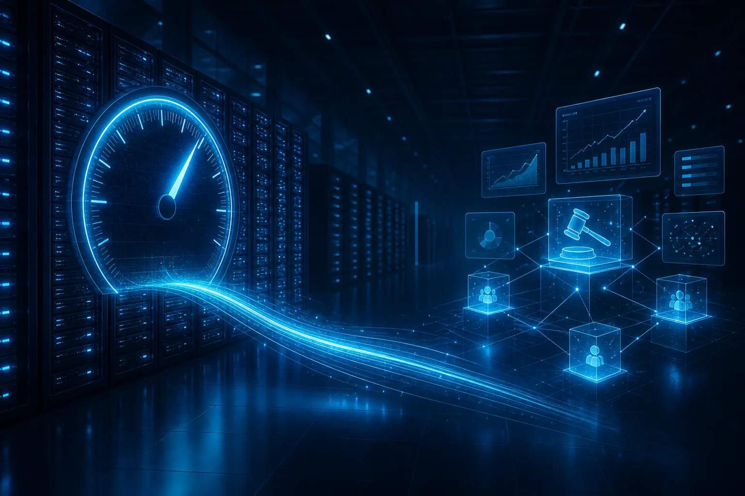 Dark data center meter connected to abstract ad auction dashboards