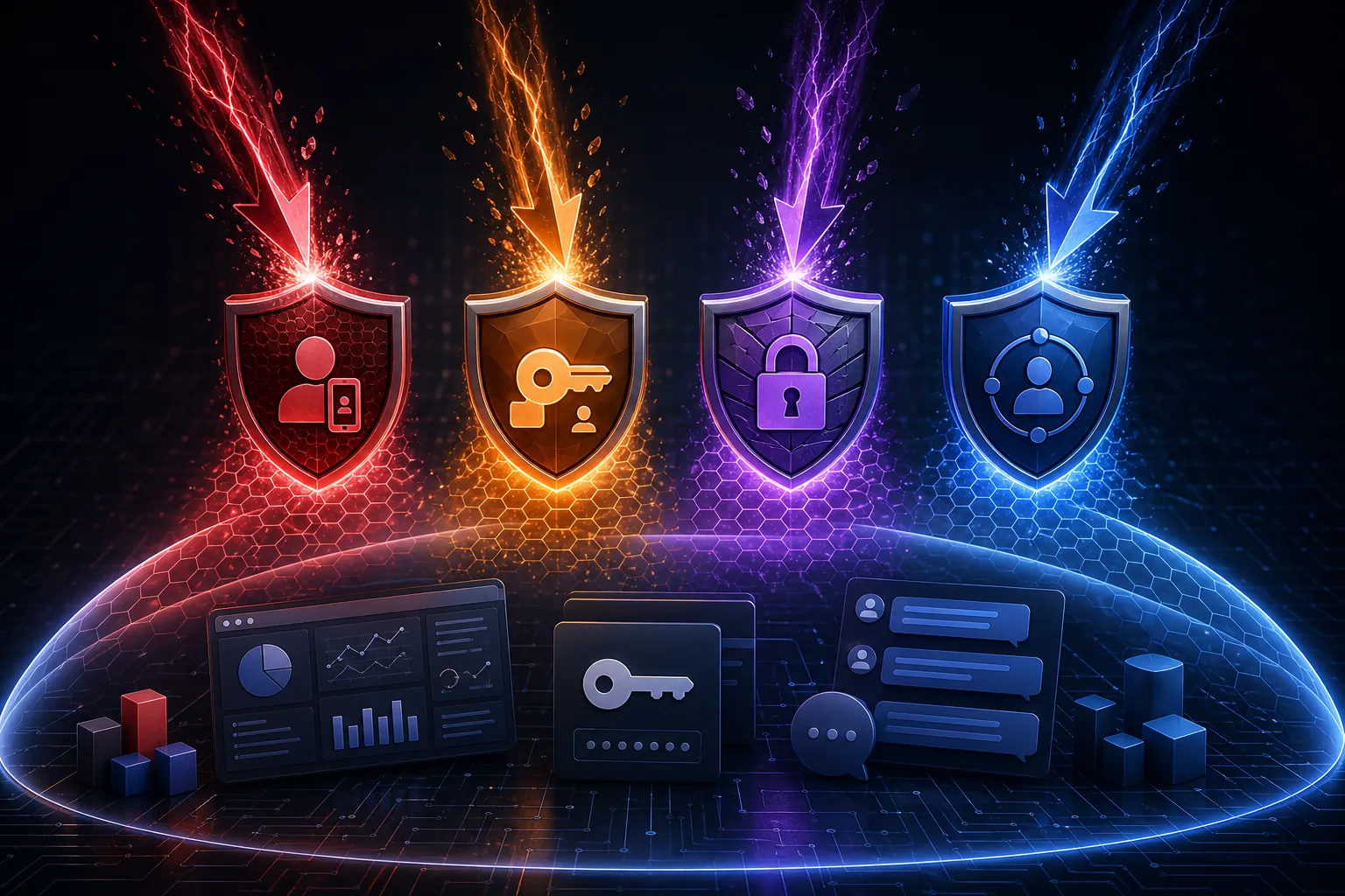 Four glowing security shields blocking attack arrows aimed at advertiser data assets, API keys, dashboards, and chat logs