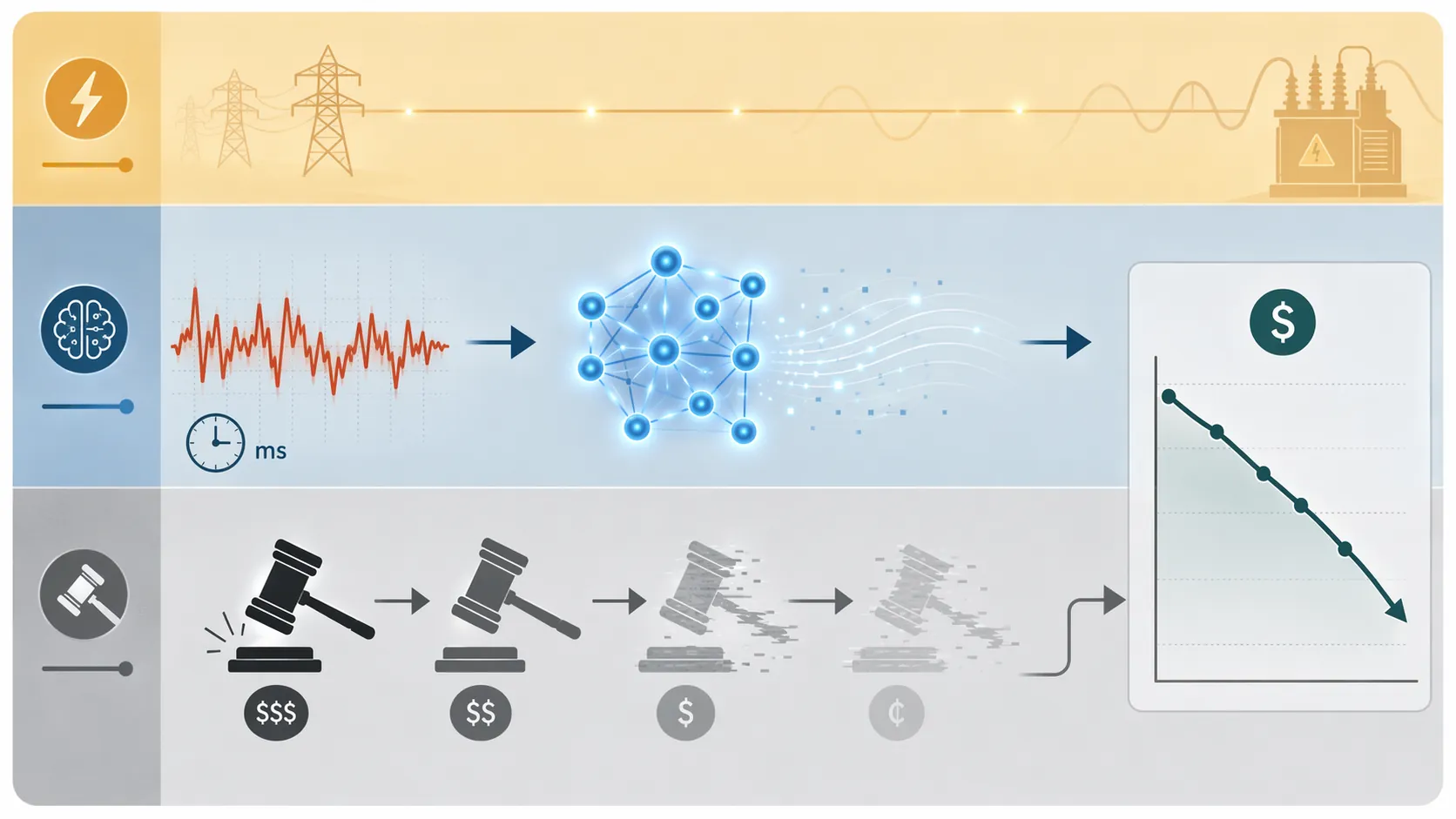 Flow diagram showing power instability passing through AI inference and auction layers into ROAS drift