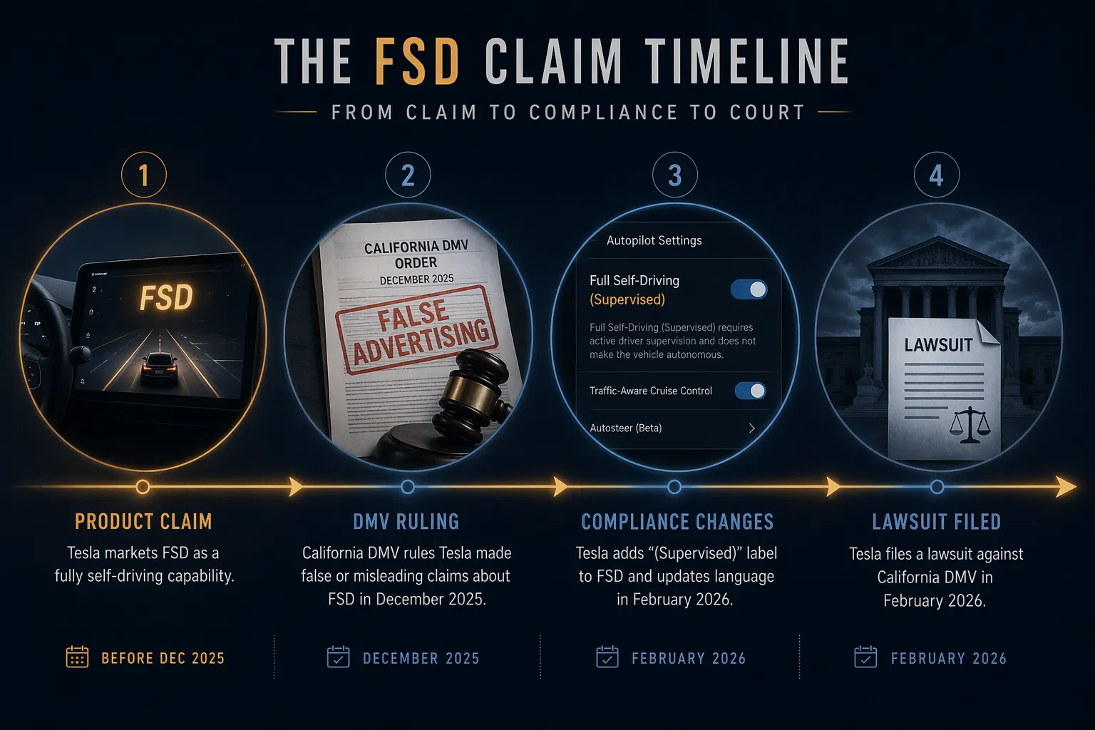 Timeline showing Tesla FSD claim, California DMV false advertising ruling, supervised compliance change, and February 2026 lawsuit